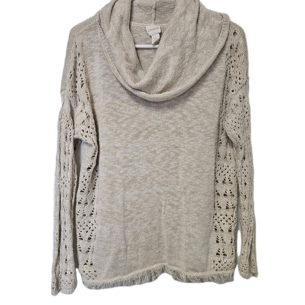 Chico's Tiffany Fringe Cowl Neck Pullover Beige Womens Size 1 Medium Boho EUC